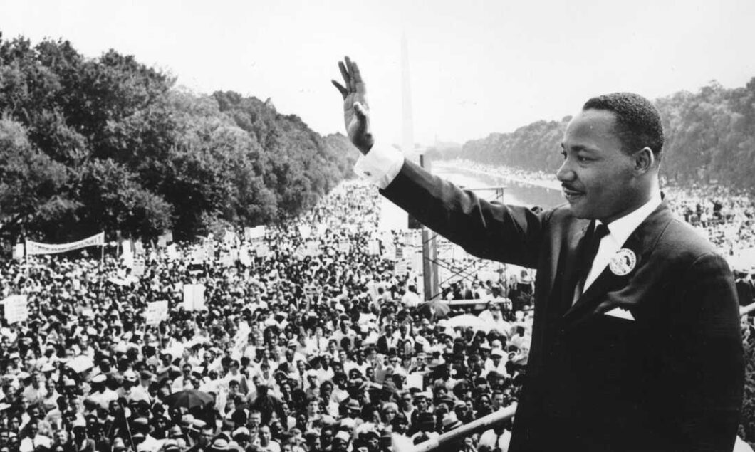 Black American civil rights leader Martin Luther King (1929 - 1968) addresses crowds during the March On Washington at the Lincoln Memorial, Washington DC, where he gave his 'I Have A Dream' speech.