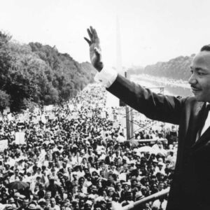 Black American civil rights leader Martin Luther King (1929 - 1968) addresses crowds during the March On Washington at the Lincoln Memorial, Washington DC, where he gave his 'I Have A Dream' speech.